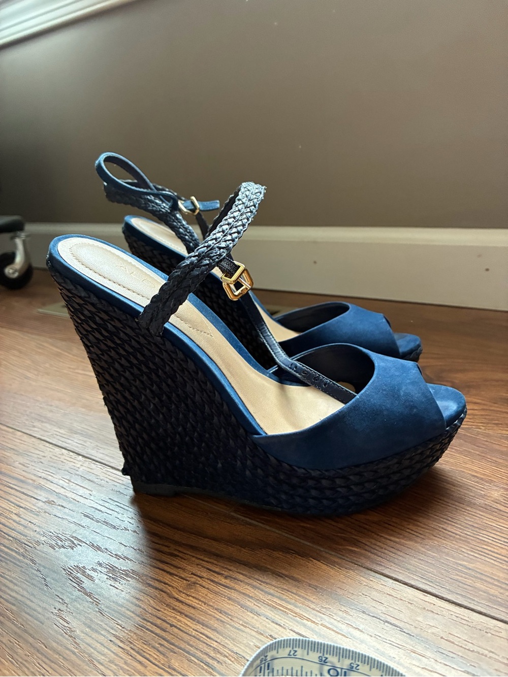 Aldo Navy Braided Wedge Espadrille Sandals with Ankle Strap